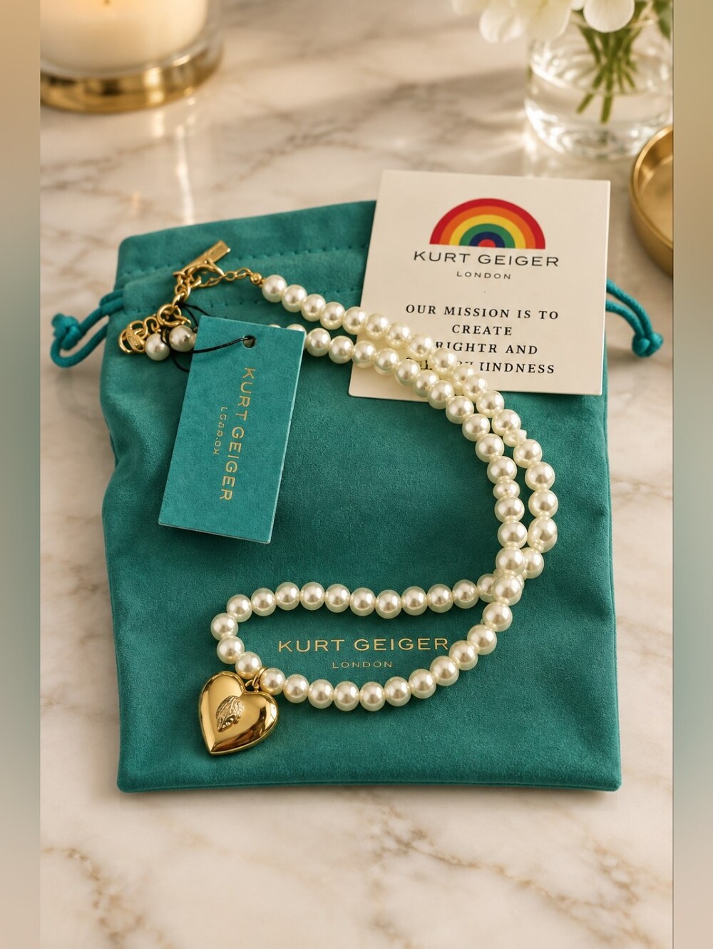 Kurt Geiger Pearl Necklace with Gold Heart Pendant